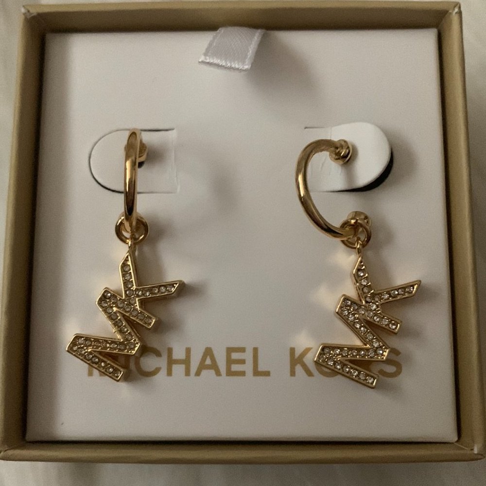 MICHAEL KORS Pave Drop Logo Huggies Earrings in Gold - Picture 2 of 2